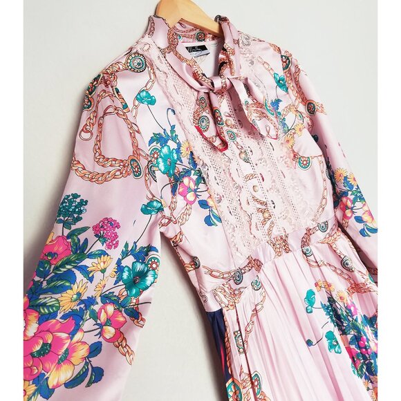 Dalia MacPhee Pink Lace Long Sleeve Printed Pleated Midi Dress M Vintage Luxe - Picture 15 of 16